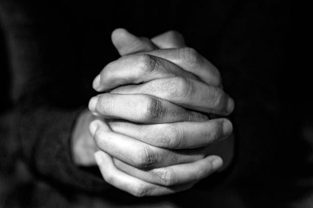 persons hands clasped together